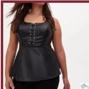 Black faux leather lace-up peplum top